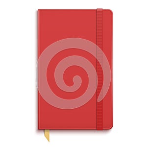 Red copybook with elastic band.