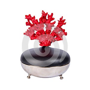 Red coral in the marble vase for luxury house decoration isolated on the white background