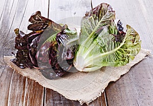 Red cos lettuce on rustic wooden background photo