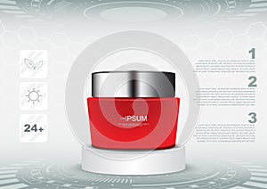 Red cosmetic cream on futuristic stand with 3 icons vector cosmetic ads