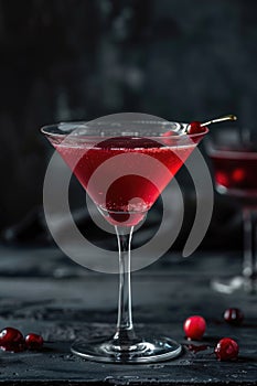 Red cosmopolitan cocktail with cherry in martini glass on dark background