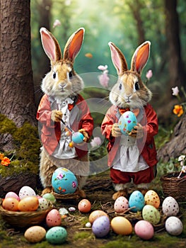 Red costumed Rabbits with Easter eggs in the forest