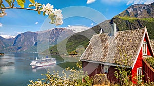 Red cottage against cruise ship in fjord, Flam, Norway