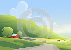 Red cottage and grazing horses on sides of countryside road against green hills and cloudy blue sky. Cartoon landscape