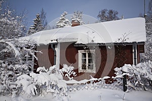 Red cottage in snow