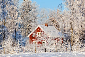 Red cottage in winter forest