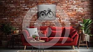 a red couch sitting in front of a brick wall Coastal interior Patio with Deep Red color theme
