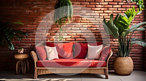 a red couch sitting next to a brick wall Coastal interior Patio with Deep Red color theme