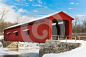 Red Covered Bridge with Snow