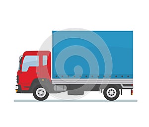 Red covered truck isolated on white background. Transport services, logistics and freight of goods.