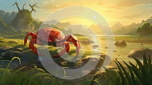 Red Crab Grazing In Field: Concept Art With Epic Landscapes