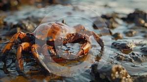 A red crab in hazardous oil waste on the seashore. An oil spill in the ocean, symbolizing the devastating effects of pollution