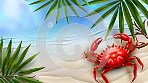 red crab on a sandy beach with palm leaves in the foreground and a soothing blue ocean horizon