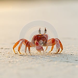 Red Crab on Sandy Beach at Sunset