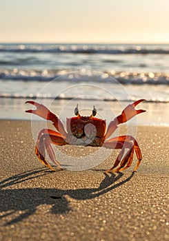 Red Crab on Sandy Beach at Sunset