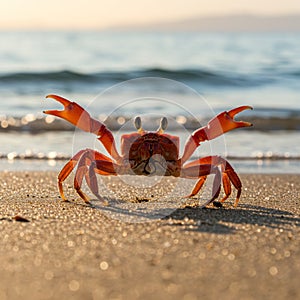 Red Crab on Sandy Beach at Sunset