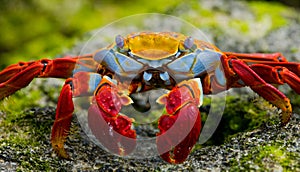 Red crab sitting on the rocks. The Galapagos Islands. Pacific Ocean. Ecuador.