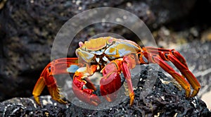 Red crab sitting on the rocks. The Galapagos Islands. Pacific Ocean. Ecuador.