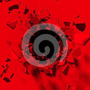 Red cracked wall with broken explosion hole to black dark