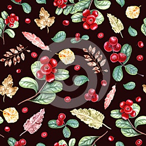 Red cranberries and imprints of colorful leaves. Seamless pattern isolated on white. Lingonberry, yellow plants