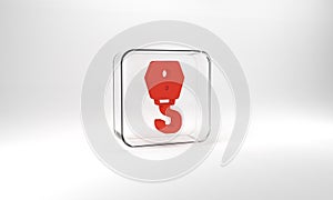 Red Crane hook icon isolated on grey background. Industrial hook icon. Glass square button. 3d illustration 3D render