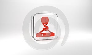 Red Crane hook icon isolated on grey background. Industrial hook icon. Glass square button. 3d illustration 3D render