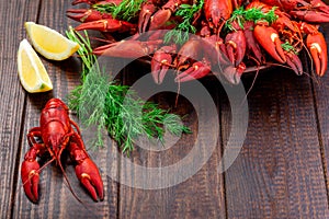 Red crayfishes on a plate served with dill and lemon