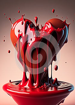 Red creamy liquid dripping, oozing over the heartshaped chocolate cookie. Generative Ai