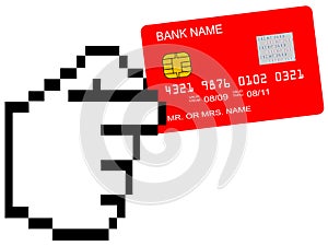 Red credit card in pixelated hand