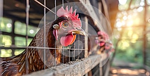 Red crested chicken pokes its head through the bars of a metal old cage at a rural poultry farm