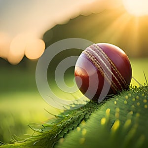 Red cricket ball on grass in the play ground. Generative AI.