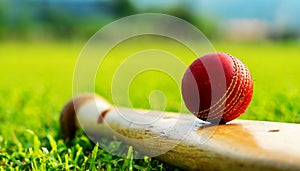 Red Cricket Ball Resting on a Wooden Cricket Bat on Green Grass of Cricket Pitch - Generative Ai