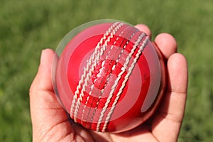 Red Cricket Sports Ball test Match in hand