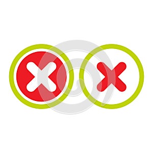 Red cross in circle set. Delete button. Warning error icon. Flat vector icon isolated on white