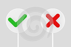 Red Cross and Green Check Mark, Confirm or Deny, Yes or No Banners Icon Signs. 3d Rendering