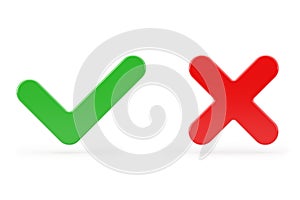 Kříž a zelený zkontrolovat označit potvrdit nebo ano nebo ne ikona.  trojrozměrný obraz vytvořený pomocí počítačového modelu 