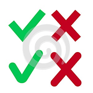 Red cross and green tick flat set for web sites. Right and Wrong signs isolated on white background vector illustration