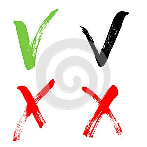 Red cross and green tick grunge set for web sites. Right and Wrong signs isolated on white background vector hand drawn