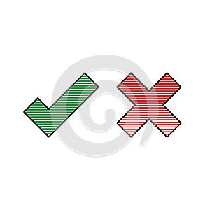Red cross and green tick sign. Striped checkmark and cross on white background. True or falce. Isolated vector sign symbol. Flat