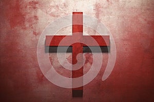 Red cross on grunge concrete wall background,  Christian religion symbol