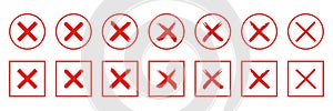 Red cross icon set. Letter X and Mark Brush Stroke Icon Set Vector Design. Wrong mark, no wrong sign