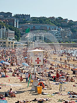 Red cross Lifeguard station in Concha beach. San Sebastian, Spain.