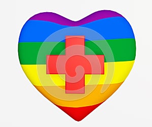 red cross on the rainbow colored red heart shapes