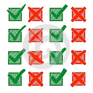 Red cross X and green hook V, in hatching check box. Yes No icons for highlight selection. Vector set