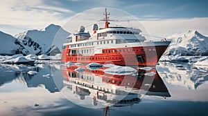 Red cruise ship in Antarctica among the ice floes