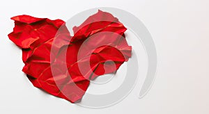 Red crumpled paper heart isolated on white background. 3d illustration, Crumpled red heart paper isolated on white background.