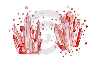 Red crystal, cartoon cute vector Quartz illustration. Quartz Crystal crown and crystal druse, red grain on white