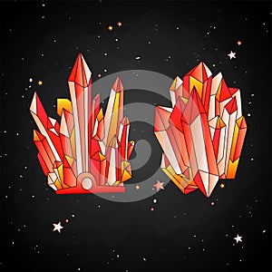 Red crystal, cartoon cute vector Quartz illustration. Quartz Crystal crown and crystal druse, red grain on black