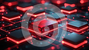 Red cube network data center glowing circuits technology
