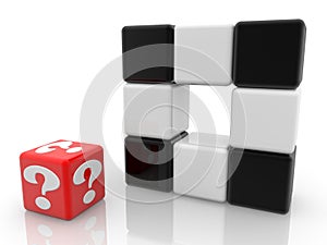 Red cube with question mark near black and white cubes